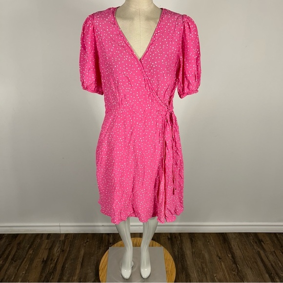 A New Day Pink Puff Sleeve Wrap Mini Dress NWOT M - Picture 1 of 12